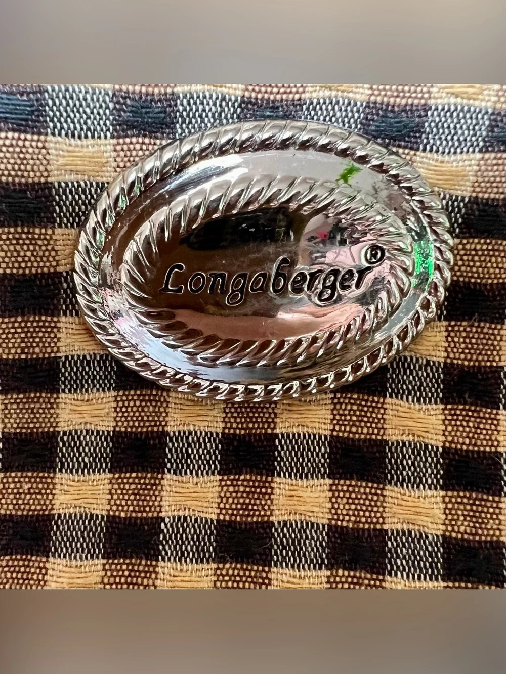 LONGABERGER Homestead Black & Tan Gingham Tote Bag with Embossed Leather Trim